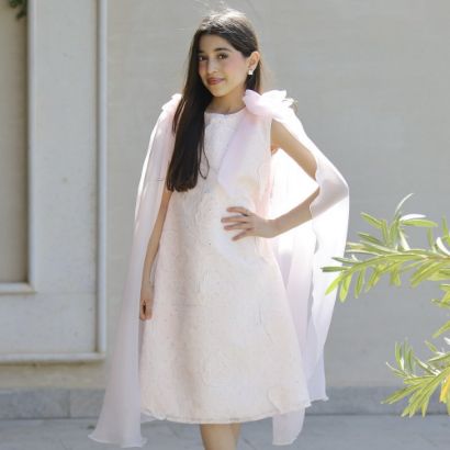 صورة فستان بناتي مطرز ورود كبيرة وفيونكات فراشة وردية | تصميم ملكي - 1201